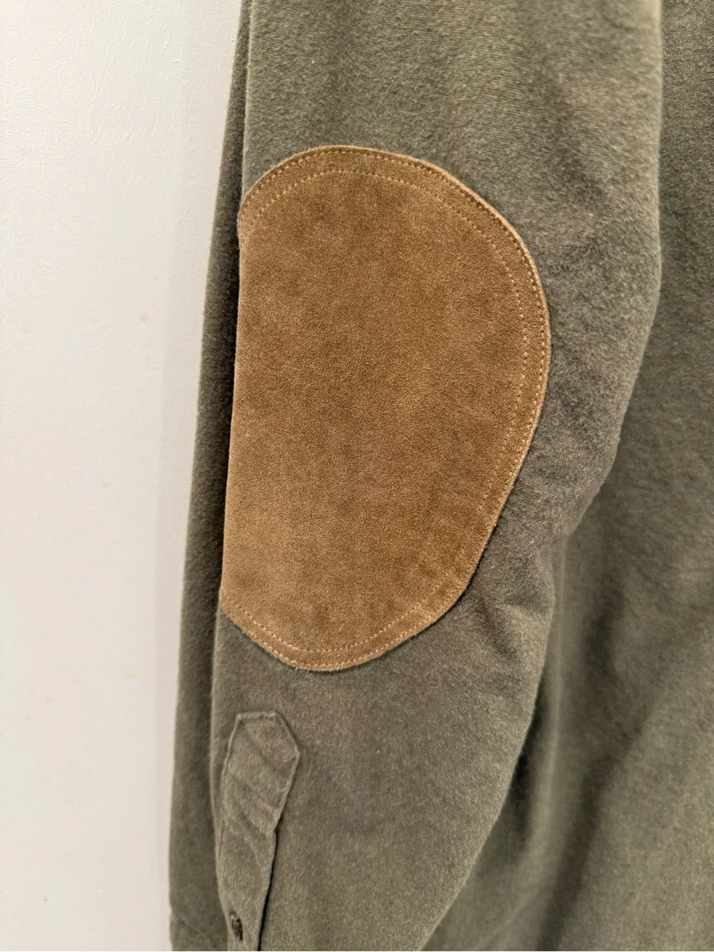 J. Crew Olive Green Button-Down Shirt with Tan Leather Elbow Patches